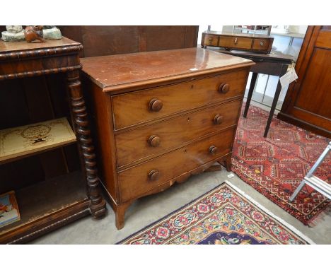 A Victorian mahogany chest of three long drawers with turned handles, raised on splayed bracket feet a/f, 90 cm wide x 48 cm 