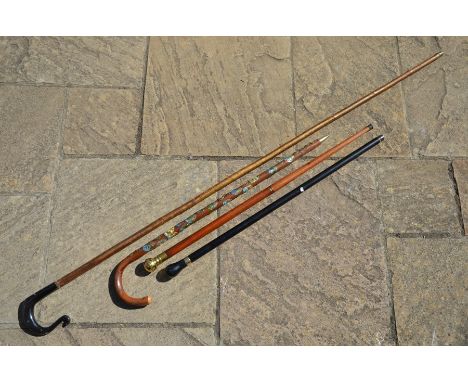 A hazel and horn-handled shepherd's crook to/w walking cane with brass compass integrated pommel, ebonized tippling cane and 