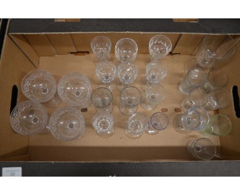 Four cut glass Champagne saucers to/w twelve various 19th century thumbnail cut liqueur glasses and other antique glass (box)