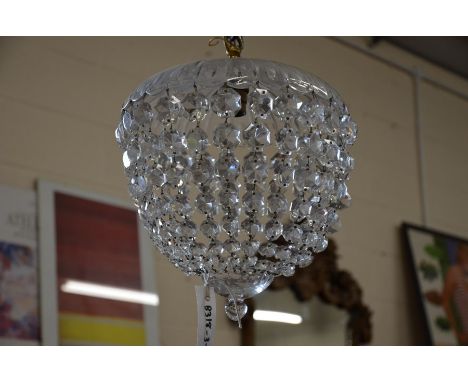 A basket brass and glass hanging electrolier/ceiling light with octagonal faceted lustres
