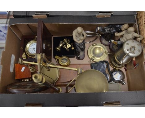 A mixed box to include a set of brass balance scales and weights, opera glasses, brass telescope, British Coal Mining Vale 26