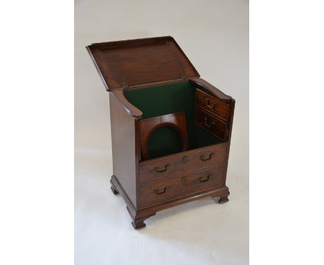 A mahogany dummy drawer front chest commode on bracket feet