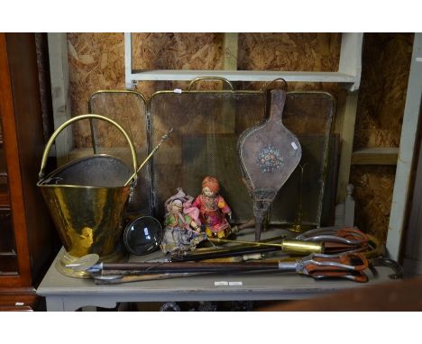 Antique brass coal bucket with swing handle and liner to/w folding brass spark guard, two shooting sticks, magnifying glass, 