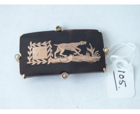 A 19th Century gold tortoise shell and pearl mounted brooch of Hunting Dog        