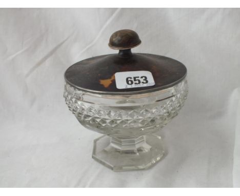 A tortoise shell and silver mounted jar on cut glass base 4 ½ “ dia.  - B’ham 1924       