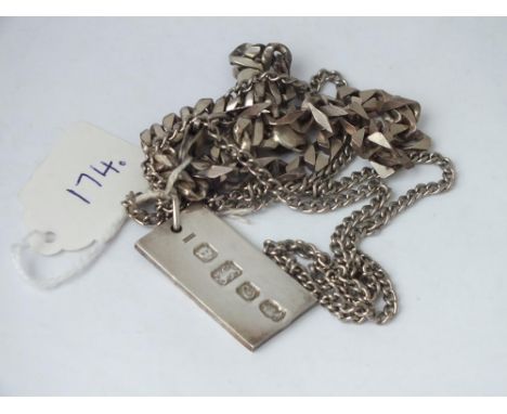 Two silver flat link bracelets and a neck chain with silver ingot, 69g 