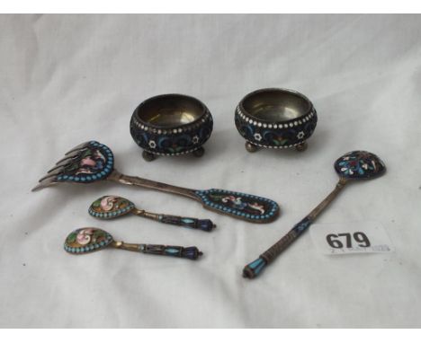 A small pair of Russian silver and enamel salts with spoons, a small  serving fork and another spoon, 118g     