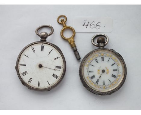 Two ladies silver fob watches – one with key     