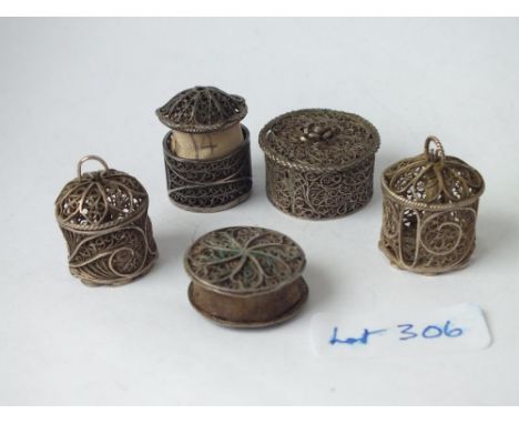 Five 19th century silver filigree sewing items     