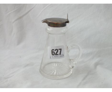 A whisky jug with silver hinged cover and glass body 4” high 1909 