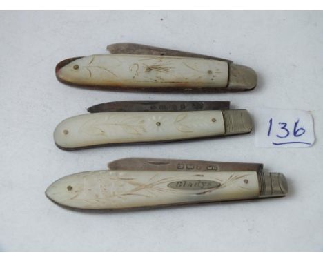 Three silver bladed fruit knives, MOP bodies    