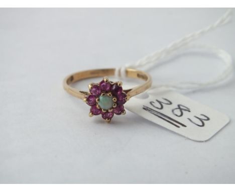 Ruby and opal cluster ring set in 9ct – size N – 1.7gms   