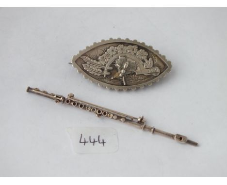 Victorian silver brooch plus another brooch in the form of a flute 