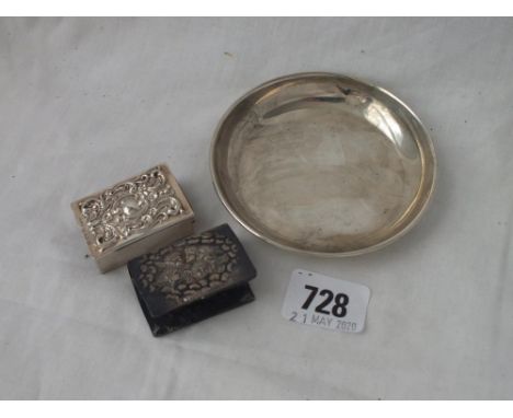 Two silver matchbox holders and a circular pin dish   