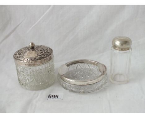 Two silver top jars and an ashtray, one OE 1902    