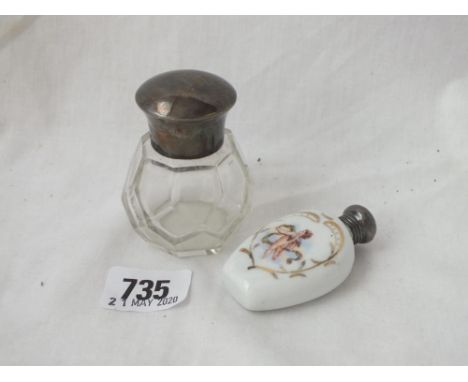 Two silver mounted bottles, one painted with cherub – B’ham 1899 