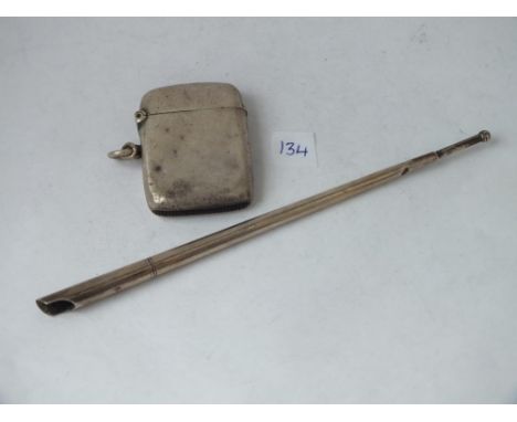 A plain silver vesta case and a Chester silver drip pen   