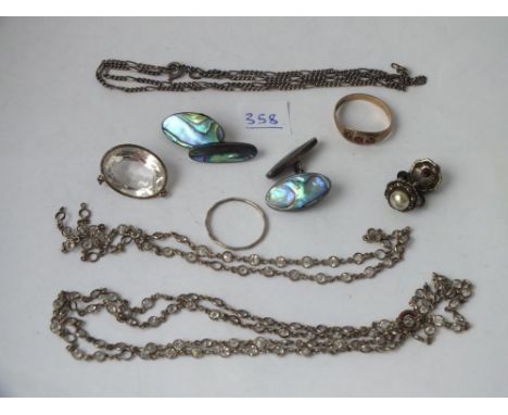 Various silver mounted rings, chains etc     