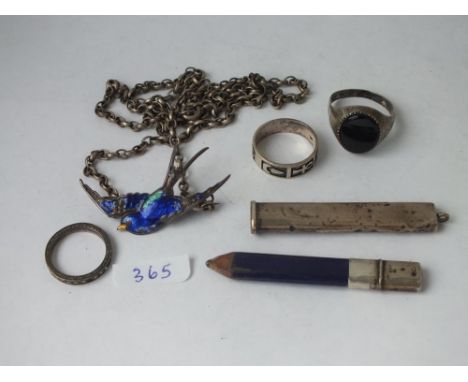 Silver pencil holder, rings and brooch etc    