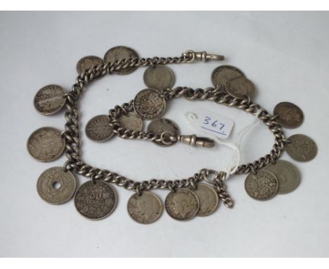 Silver curb link watch albert with coins – 15” long – 72gms  