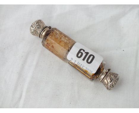 A Victorian double ended scent bottle with stopper in embossed   Silver ends        