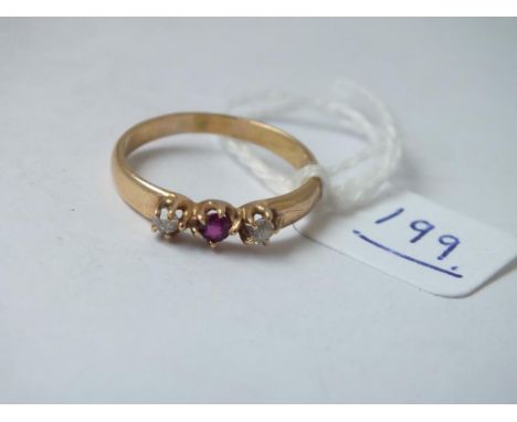 A three stone ruby and diamond ring set in 18ct, 2.8g, size Q  