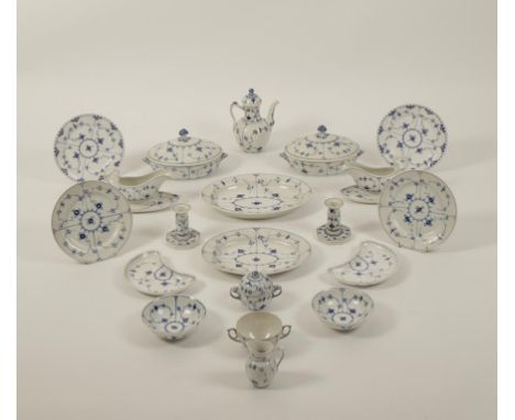 A ROYAL COPENHAGEN PART DINNER AND TEA SERVICE decorated in blue with flowers, with underglazed blue and printed green marks,