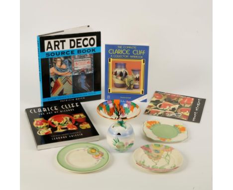 A CLARICE CLIFF "CATONA BIZARRE" BOWL, three other Clarice Cliff side plates, a sugar bowl and cover, and a collection of Cla