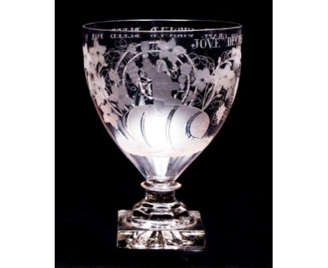 A LARGE GLASS RUMMER, the bowl engraved "JOVE DECREED THE GRAPE SHOULD BLEED FOR ME" above a circular cartouche with the mono