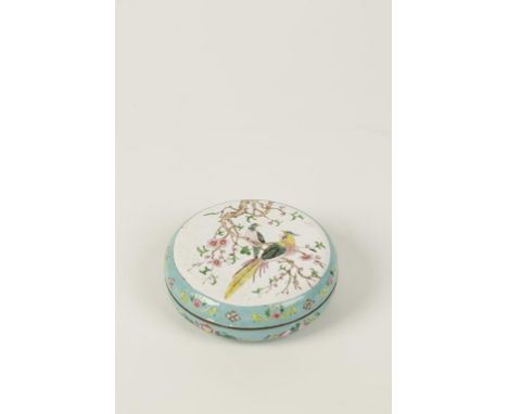 A CHINESE CANTON ENAMEL CIRCULAR BOX AND COVER, 20th century, painted with a pair of pheasants perched in plum blossom, 12.5c