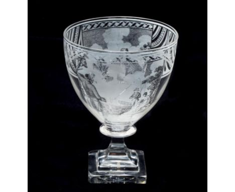 A DAVENPORT PATENT GLASS RUMMER, the large bowl finely decorated with a large panel showing a gentleman leaning against a tre