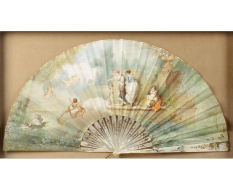 A DECORATIVE FAN, the leaf painted with a rococo style scene of ladies and cherubs in an idealised landscape, on decorated mo