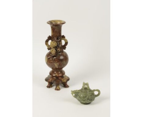 A CHINESE CARVED SOAPSTONE LARGE BALUSTER VASE decorated with roses in relief, 35.5cm high; and a jade-type teapot and cover,