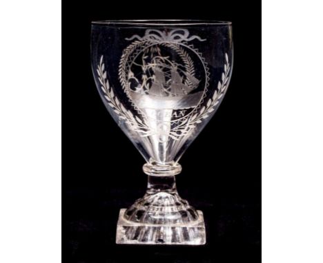 A GLASS RUMMER, engraved with a sailing ship at sea above "OCEAN" within a cartouche and a wreath, the reverse with monogram 