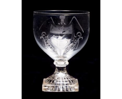 A GLASS RUMMER, the ovoid bowl engraved with a coat of arms and farming implements above "SPEED THE PLOUGH", on a short taper