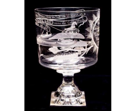 AN IMPORTANT AND LARGE NEWCASTLE GLASS RUMMER, the bucket bowl engraved with a presentation inscription within a sunburst car