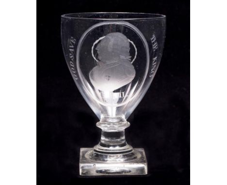 A ROYAL COMMEMORATIVE GLASS RUMMER, engraved with a profile portrait of King George III, within an oval line cartouche betwee