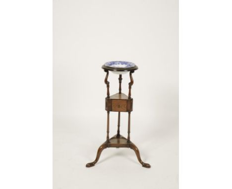 A GEORGE III MAHOGANY BASIN STAND with a moulded basin support on shaped uprights above a single small drawer and jug stand, 