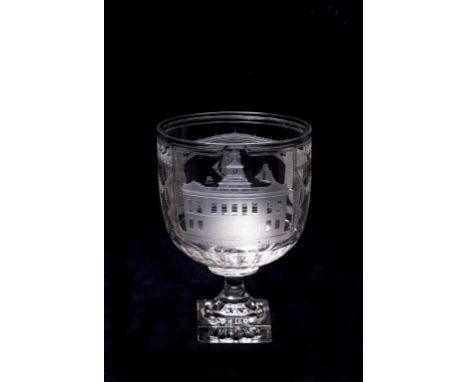 A LARGE SUNDERLAND BRIDGE GLASS RUMMER, the deep cup-shaped and faceted bowl engraved with a view of boats beneath Sunderland