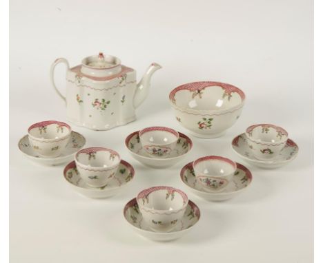 A NEWHALL PART TEA SET with floral decoration on white ground. Comprising teapot, slops bowl, four tea bowls and four saucers