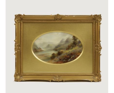 A ROYAL WORCESTER PORCELAIN PLAQUE by J. Stinton, painted with a scene of highland cattle in a mountainous river landscape, p