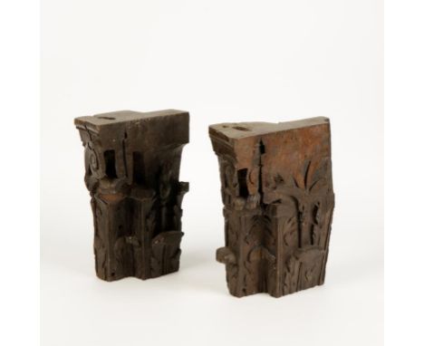 TWO CARVED OAK ARCHITECTURAL OR CORBEL FRAGMENTS with leaf and scroll carving, possibly 17th/18th century, 11" x 8" (2)