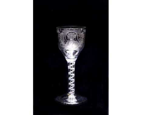 A PRUSSIAN ROYALTY WINE GLASS, the large ogee bowl engraved with a head and shoulders portrait of the King within an oval car