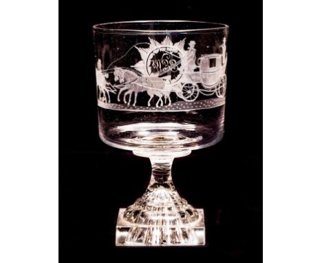A GLASS RUMMER, engraved with a horse drawn coach and footmen, the side of the coach inscribed "No 172 York London Edin Mail"