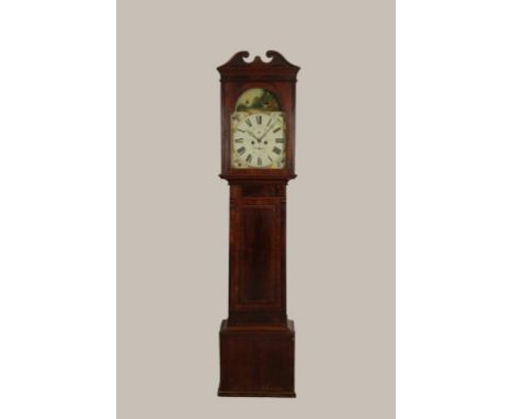 A SCOTTISH MAHOGANY LONGCASE CLOCK, the enamelled dial signed "I. Gardner, Glasgow", the arch decorated with a scene of a spo