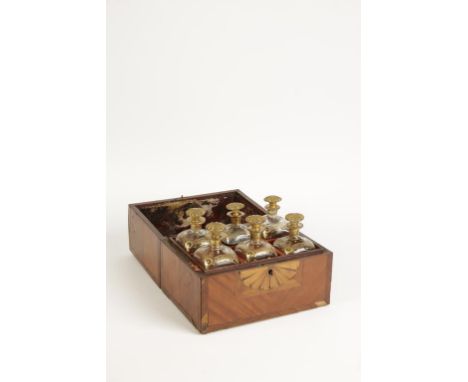 A CONTINENTAL MARQUETRY DECANTER BOX, the rectangular box decorated with a central satinwood fan motif within kingwood crossb