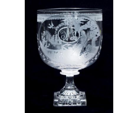 AN IMPORTANT PEACE OF PARIS COMMEMORATIVE GLASS RUMMER, the bowl engraved and polished with an oval cartouche depicting a sea