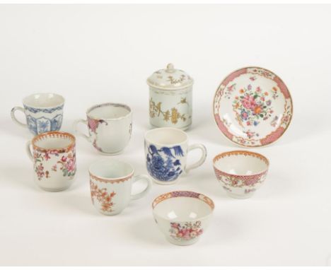 FIVE CHINESE EXPORT COFFEE CUPS, 18th century, and two tea bowls, a saucer and a tea caddy and cover (a lot)