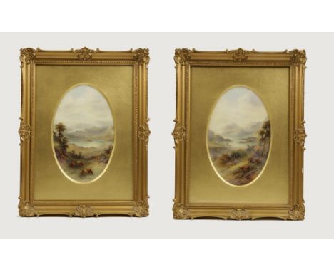 A PAIR OF ROYAL WORCESTER PORCELAIN PLAQUES by J. Stinton, with scenes of cattle in a mountainous river landscape, 1904, each