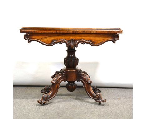 Victorian figured walnut and marquetry fold-over card table, baize lined, moulded and scrolled apron, vase-shaped column, wit